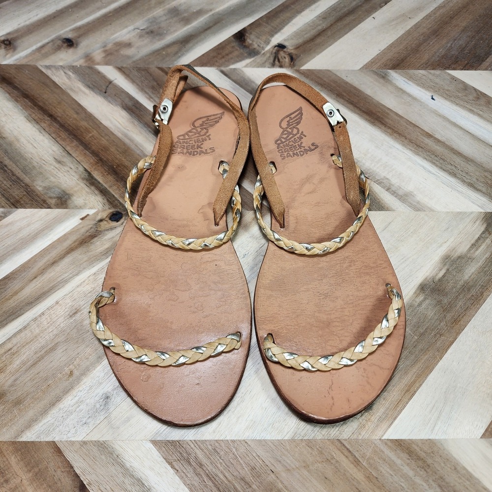 Ancient Greek Sandals Eleftheria Women's Size 42 US 11 Brown Gold Strap